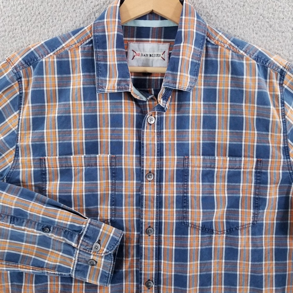 32 Bar Blues Shirt Mens Blue Orange Plaid Long Sleeve Button Down Chest Pockets
